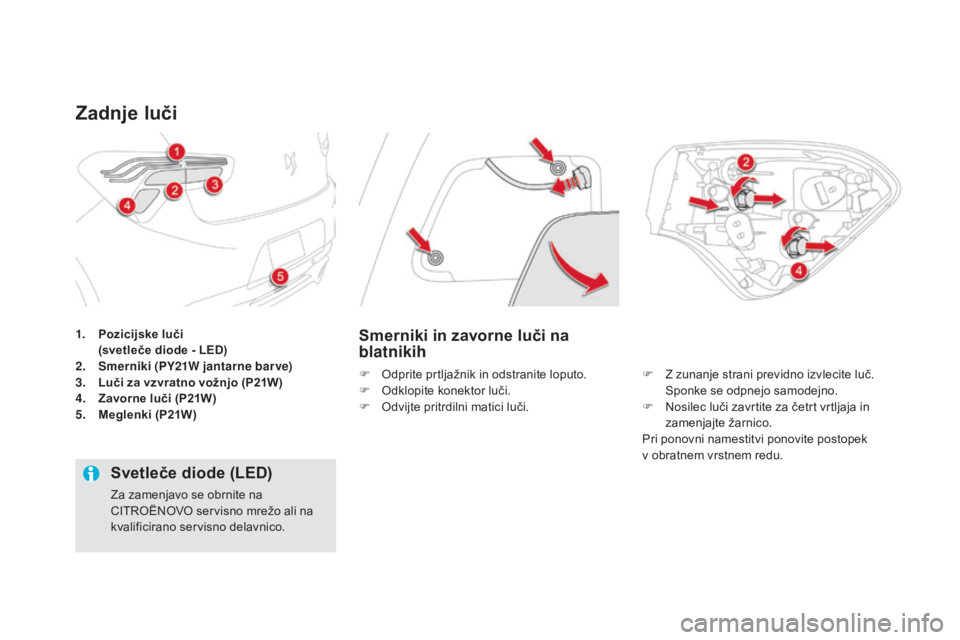 CITROEN DS5 2016  Navodila Za Uporabo (in Slovenian) DS5_sl_Chap08_info-pratiques_ed02-2015
1. Pozicijske luči 
  (s vetleče diode - LED)
2.
  sme
rniki (PY21W jantarne bar ve)
3.
 Lu
či za vzvratno vožnjo (P21W)
4.
 Za
vorne luči (P21W)
5.
 Me
 CITROEN DS5 2016  Navodila Za Uporabo (in Slovenian) DS5_sl_Chap08_info-pratiques_ed02-2015
1. Pozicijske luči 
  (s vetleče diode - LED)
2.
  sme
rniki (PY21W jantarne bar ve)
3.
 Lu
či za vzvratno vožnjo (P21W)
4.
 Za
vorne luči (P21W)
5.
 Me