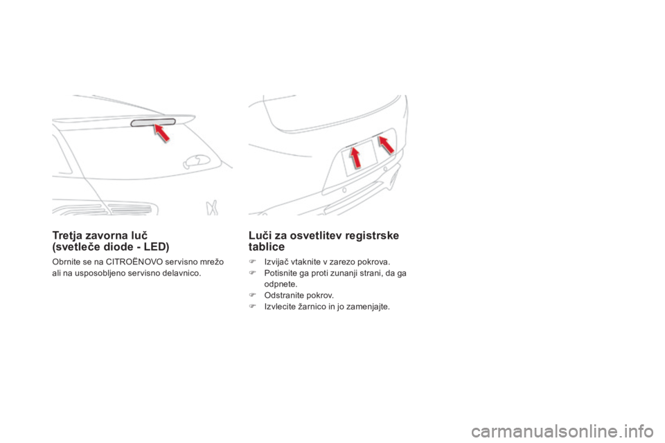 CITROEN DS5 2016  Navodila Za Uporabo (in Slovenian) DS5_sl_Chap08_info-pratiques_ed02-2015
Luči za osvetlitev registrske 
tablice
F Izvijač vtaknite v zarezo pokrova.
F Po tisnite ga proti zunanji strani, da ga 
odpnete.
F
 Od
stranite pokrov.
F
 Iz CITROEN DS5 2016  Navodila Za Uporabo (in Slovenian) DS5_sl_Chap08_info-pratiques_ed02-2015
Luči za osvetlitev registrske 
tablice
F Izvijač vtaknite v zarezo pokrova.
F Po tisnite ga proti zunanji strani, da ga 
odpnete.
F
 Od
stranite pokrov.
F
 Iz