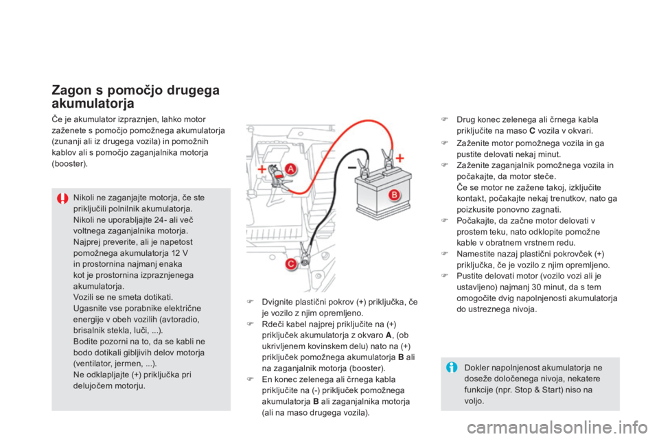 CITROEN DS5 2016  Navodila Za Uporabo (in Slovenian) DS5_sl_Chap08_info-pratiques_ed02-2015
Zagon s pomočjo drugega 
akumulatorja
Nikoli ne zaganjajte motorja, če ste 
priključili polnilnik akumulatorja.
Nikoli ne uporabljajte 24- ali več 
voltnega  CITROEN DS5 2016  Navodila Za Uporabo (in Slovenian) DS5_sl_Chap08_info-pratiques_ed02-2015
Zagon s pomočjo drugega 
akumulatorja
Nikoli ne zaganjajte motorja, če ste 
priključili polnilnik akumulatorja.
Nikoli ne uporabljajte 24- ali več 
voltnega
