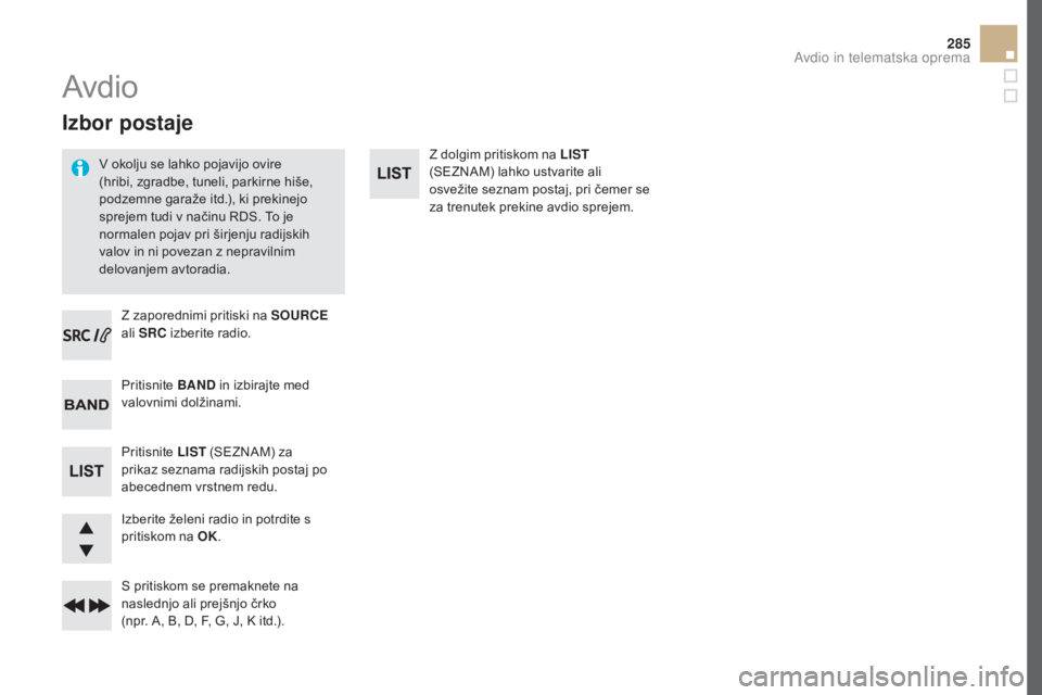 CITROEN DS5 2016  Navodila Za Uporabo (in Slovenian) 285
DS5_sl_Chap11d_RD5_ed02-2015
Izbor postaje
v okolju se lahko pojavijo ovire 
(h ribi, zgradbe, tuneli, parkirne hiše, 
podzemne garaže itd.), ki prekinejo 
sprejem tudi v načinu RDS. To je 
nor