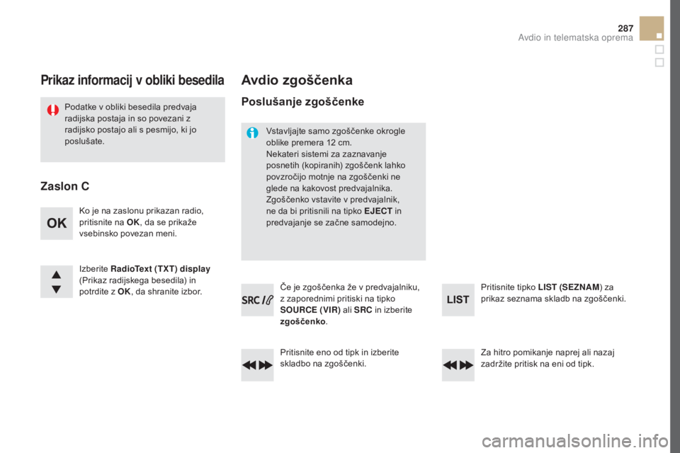 CITROEN DS5 2016  Navodila Za Uporabo (in Slovenian) 287
DS5_sl_Chap11d_RD5_ed02-2015
Prikaz informacij v obliki besedila
Podatke v obliki besedila predvaja 
radijska postaja in so povezani z 
radijsko postajo ali s pesmijo, ki jo 
poslušate.
avdio zgo