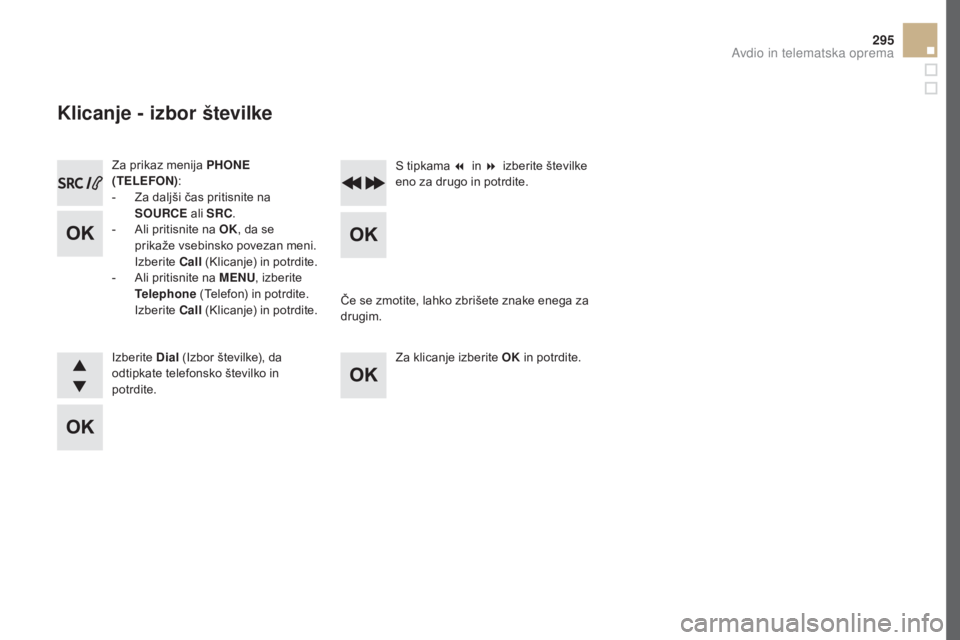 CITROEN DS5 2016  Navodila Za Uporabo (in Slovenian) 295
DS5_sl_Chap11d_RD5_ed02-2015
Za prikaz menija PHONE 
(TELEFON) :
-
 Za d

aljši čas pritisnite na 
sOU

RCE ali 
sRC.
- Al

i pritisnite na OK , da se 
prikaže vsebinsko povezan meni. 
Izberite