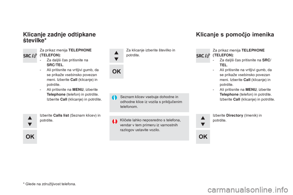 CITROEN DS5 2016  Navodila Za Uporabo (in Slovenian) DS5_sl_Chap11d_RD5_ed02-2015
Seznam klicev vsebuje dohodne in 
odhodne klice iz vozila s priključenim 
telefonom.
Kličete lahko neposredno s telefona, 
vendar v tem primeru iz varnostnih 
razlogov u