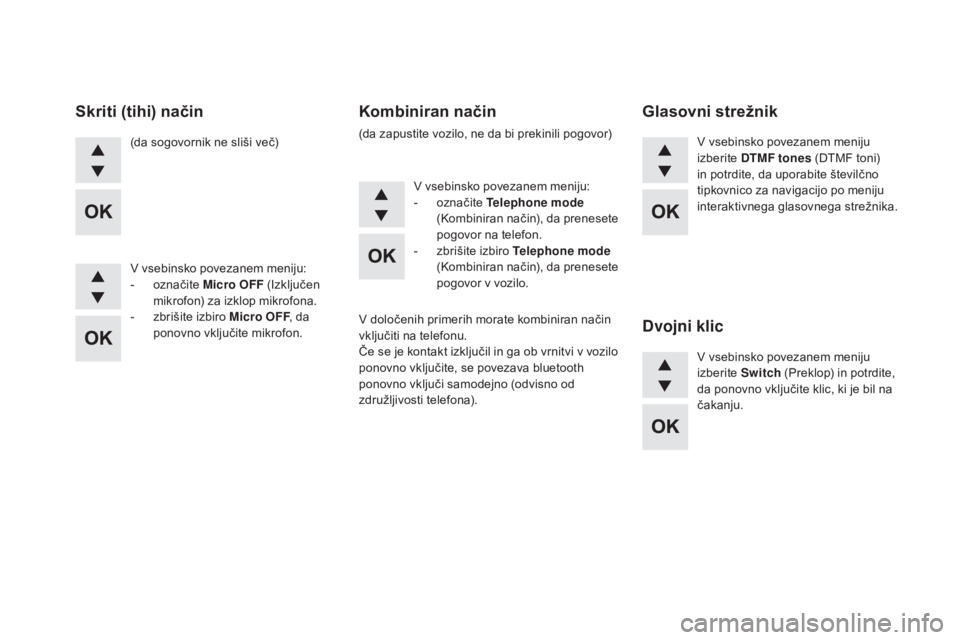 CITROEN DS5 2016  Navodila Za Uporabo (in Slovenian) DS5_sl_Chap11d_RD5_ed02-2015
(da sogovornik ne sliši več)
v v
sebinsko povezanem meniju:
-
 oz

načite Micro OFF  (Izključen 
mikrofon) za izklop mikrofona.
-
 zb

rišite izbiro Micro OFF , da 
p