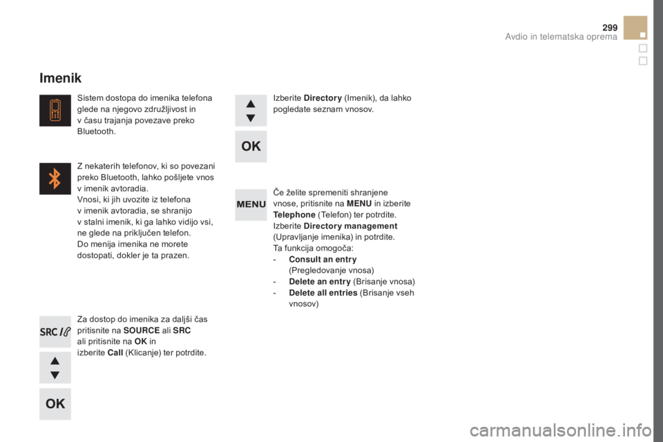 CITROEN DS5 2016  Navodila Za Uporabo (in Slovenian) 299
DS5_sl_Chap11d_RD5_ed02-2015
Če želite spremeniti shranjene 
vnose, pritisnite na MENU in izberite 
Telephone  (Telefon) ter potrdite.
Izberite  Directory management  
(Upravljanje imenika) in p