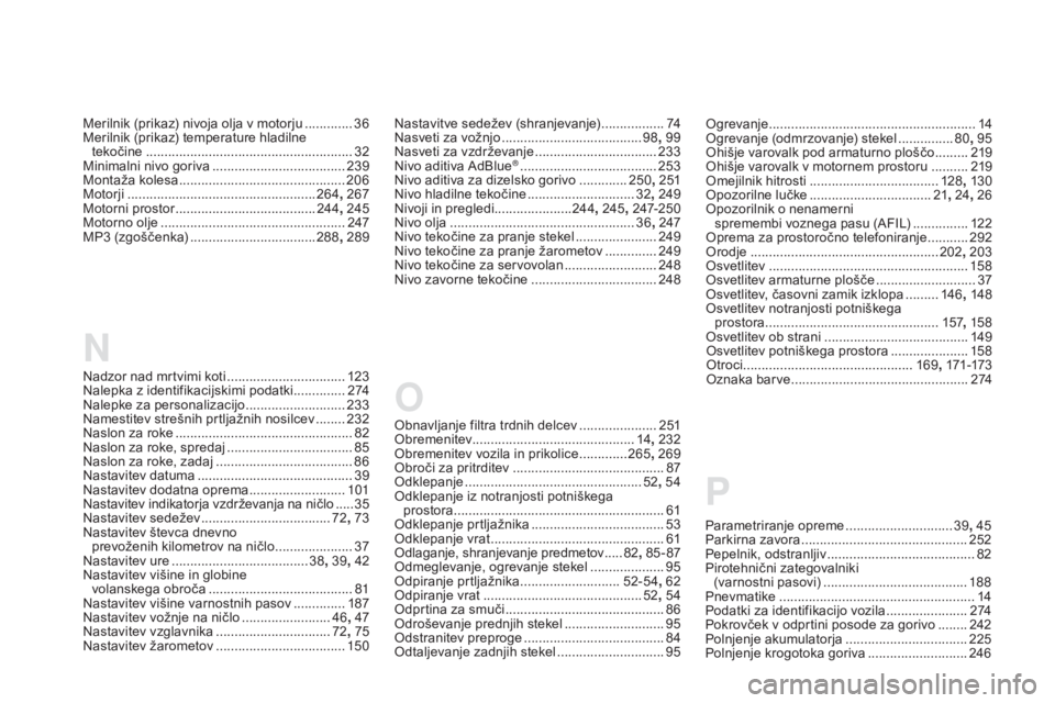 CITROEN DS5 2016  Navodila Za Uporabo (in Slovenian) P
Nastavitve sedežev (shranjevanje) .................74
Na sveti za vožnjo ...................................... 98, 
99
Nasveti za vzdrževanje
 ................................. 233
N

ivo aditiv