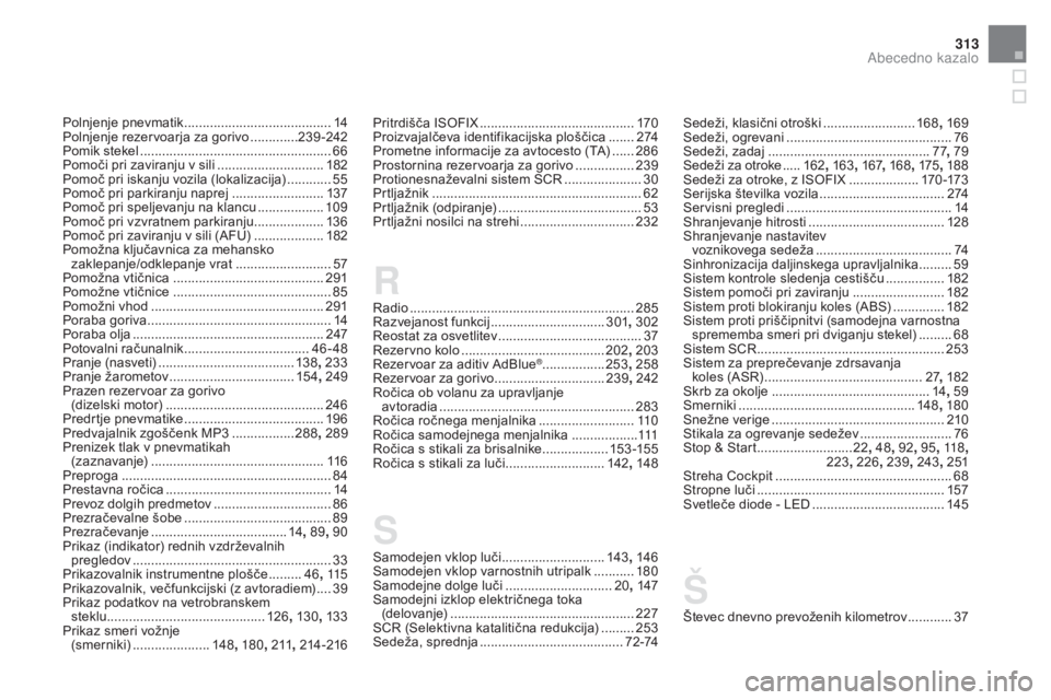CITROEN DS5 2016  Navodila Za Uporabo (in Slovenian) 313
Pritrdišča ISOFIX ..........................................17 0
Proizvajalčeva identifikacijska ploščica ....... 2 74
P
rometne informacije za avtocesto (TA)
 ...... 286
P
rostornina rezerv CITROEN DS5 2016  Navodila Za Uporabo (in Slovenian) 313
Pritrdišča ISOFIX ..........................................17 0
Proizvajalčeva identifikacijska ploščica ....... 2 74
P
rometne informacije za avtocesto (TA)
 ...... 286
P
rostornina rezerv