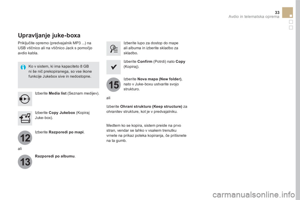 CITROEN DS5 2016  Navodila Za Uporabo (in Slovenian) 12
13
15
33  Avdio in telematska oprema 
 
 
 
 
 
 
 
 
Upravljanje juke-boxa 
 
 
Priključite opremo (predvajalnik MP3 ...) na 
USB vtičnico ali na vtičnico Jack s pomočjo 
avdio kabla.  
   
Ko