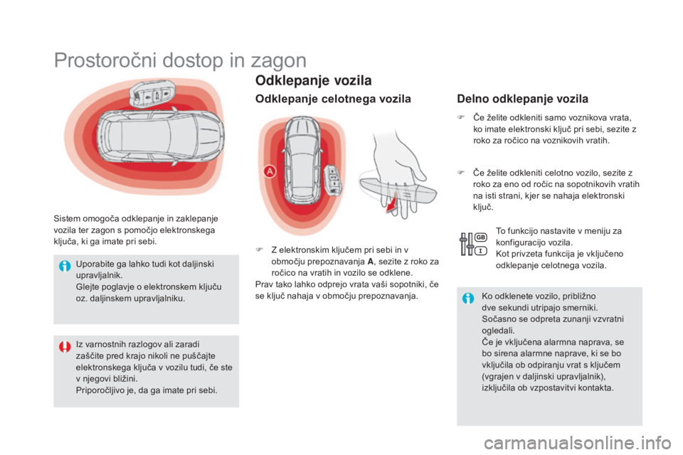 CITROEN DS5 2016  Navodila Za Uporabo (in Slovenian) DS5_sl_Chap02_ouvertures_ed02-2015
Odklepanje vozila
Prostoročni dostop in zagon
Sistem omogoča odklepanje in zaklepanje 
vozila ter zagon s pomočjo elektronskega 
ključa, ki ga imate pri sebi.
od
