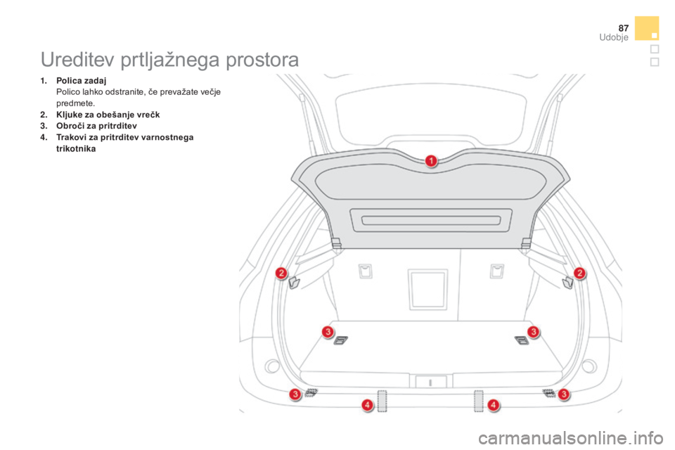 CITROEN DS5 2016 Navodila Za Uporabo (in Slovenian) 87
DS5_sl_Chap03_confort_ed02-2015
Ureditev prtljažnega prostora
1. Polica zadaj Po
lico lahko odstranite, če prevažate večje
predmete.
2.
Kl
juke za obešanje vrečk
3.
obr
oči za pritrdi CITROEN DS5 2016 Navodila Za Uporabo (in Slovenian) 87
DS5_sl_Chap03_confort_ed02-2015
Ureditev prtljažnega prostora
1. Polica zadaj Po
lico lahko odstranite, če prevažate večje
predmete.
2.
Kl
juke za obešanje vrečk
3.
obr
oči za pritrdi