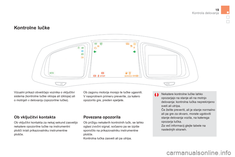 CITROEN DS5 2015  Navodila Za Uporabo (in Slovenian) 19
DS5_sl_Chap01_controle-de-marche_ed01-2015
kontrolne lučke
Ob zagonu motorja morajo te lučke ugasniti.v nasprotnem primeru preverite, za katero 
opozorilo gre, preden speljete.
Povezana opozorila