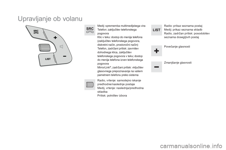 CITROEN DS5 2015  Navodila Za Uporabo (in Slovenian) DS5_sl_Chap11c_SMEGplus_ed01-2015
Upravljanje ob volanu
Medij: sprememba multimedijskega vira
Telefon: zaključitev telefonskega 
pogovora
Klic v teku: dostop do menija telefona 
(zaključitev telefon