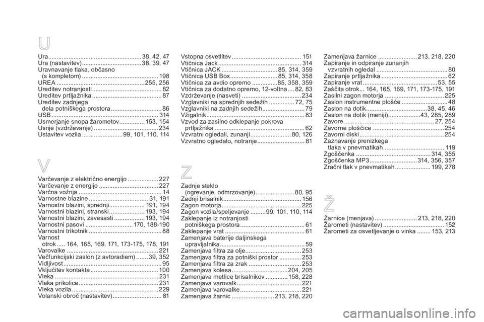 CITROEN DS5 2015 Navodila Za Uporabo (in Slovenian) DS5_sl_Chap12_index-recherche_ed01-2015
Zadnje steklo (ogrevanje, odmrzovanje) ....................... 8 0, 95
Zadnji brisalnik
...............................
...............15 6
Zagon motorja
. CITROEN DS5 2015 Navodila Za Uporabo (in Slovenian) DS5_sl_Chap12_index-recherche_ed01-2015
Zadnje steklo (ogrevanje, odmrzovanje) ....................... 8 0, 95
Zadnji brisalnik
...............................
...............15 6
Zagon motorja
.