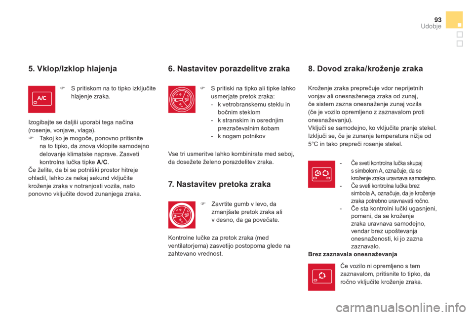 CITROEN DS5 2015  Navodila Za Uporabo (in Slovenian) 93
DS5_sl_Chap03_confort_ed01-2015
5. vklop/Izklop hlajenja
F S pritiskom na to tipko izključite hlajenje zraka.
Izogibajte se daljši uporabi tega načina 
(rosenje, vonjave, vlaga).
F
 
T

akoj ko 
