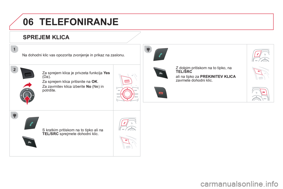 CITROEN DS5 2013 Navodila Za Uporabo (in Slovenian) 06
SR
C
SR
C
TELEFONIRANJE
SPREJEM KLICA
Na dohodni klic vas opozorita zvonjenje in prikaz na zaslonu.
Za sprejem klica je privzeta funkcija Yes (Da).
Za spre
jem klica pritisnite na OK.
CITROEN DS5 2013 Navodila Za Uporabo (in Slovenian) 06
SR
C
SR
C
TELEFONIRANJE
SPREJEM KLICA
Na dohodni klic vas opozorita zvonjenje in prikaz na zaslonu.
Za sprejem klica je privzeta funkcija Yes (Da).
Za spre
jem klica pritisnite na OK.