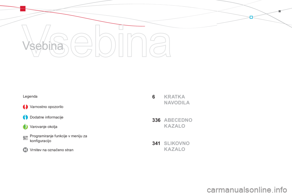 CITROEN DS5 2013  Navodila Za Uporabo (in Slovenian)   Vsebina 
   
Vsebina  
6  KRATKA 
NAVODILA
33
6  ABECEDNO 
KAZALO
34
1  SLIKOVNO 
KAZALO
Legenda
Varnostno o
pozorilo
Dodatne in
formacije
Varovan
je okolja
Pro
gramiranje funkcije v meniju zakonfig