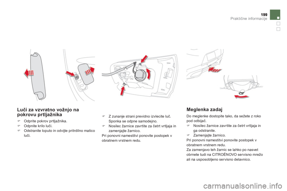 CITROEN DS5 2011  Navodila Za Uporabo (in Slovenian) Praktične informacije
 
 
Luči za vzvratno vožnjo na pokrovu prtljažnika 
�)Odprite pokrov prtljažnika.�)Odpnite krilo luči. �)Odstranite loputo in odvijte pritrdilno matico
luči. 
�)   Z zunan