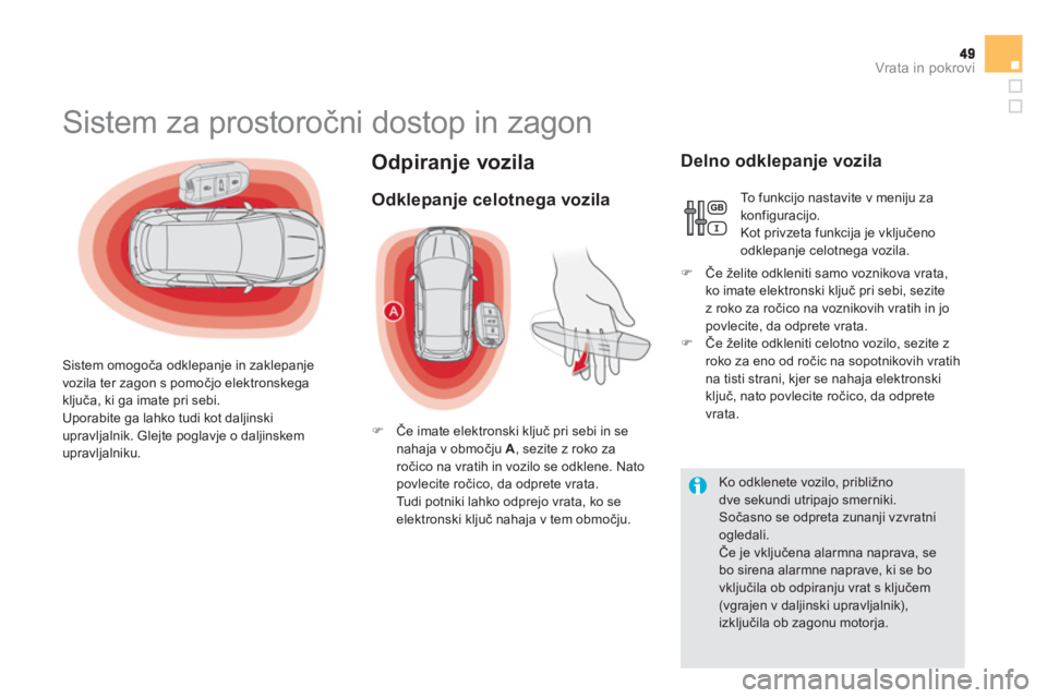 CITROEN DS5 2011  Navodila Za Uporabo (in Slovenian) Vrata in pokrovi
Odpiranje vozila 
   
 
 
 
 
 
 
 
 
 
 
 
 
 
 
 
 
 
 
 
Sistem za prostoročni dostop in zagon 
 
 
Sistem omogoča odklepanje in zaklepanje 
vozila ter zagon s pomočjo elektrons