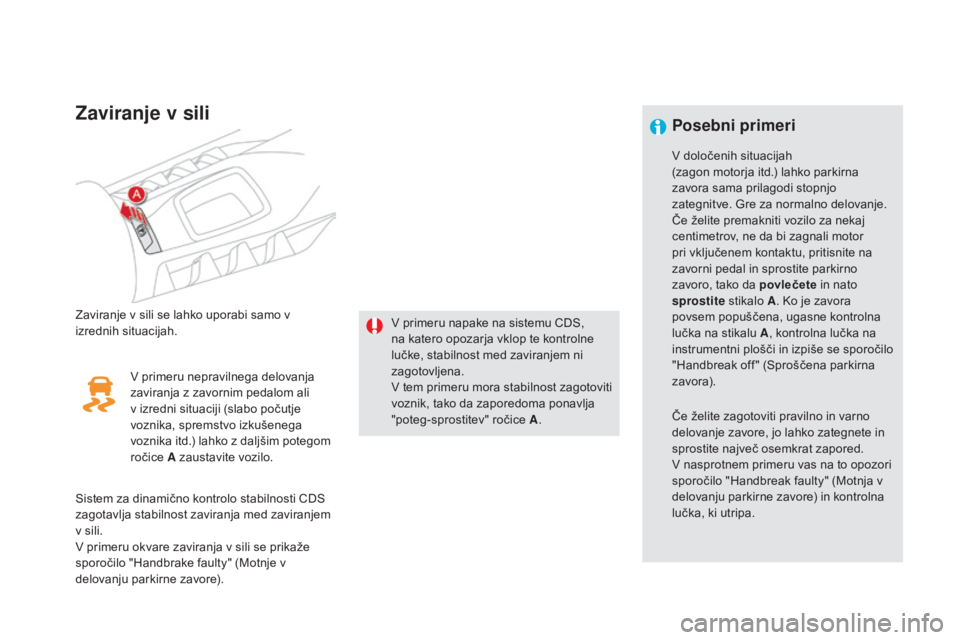 CITROEN DS5 HYBRID 2016  Navodila Za Uporabo (in Slovenian) DS5_sl_Chap04_conduite_ed02-2015
Zaviranje v sili
Zaviranje v sili se lahko uporabi samo v 
izrednih situacijah.v primeru napake na sistemu CDS, 
na katero opozarja vklop te kontrolne 
lučke, stabiln