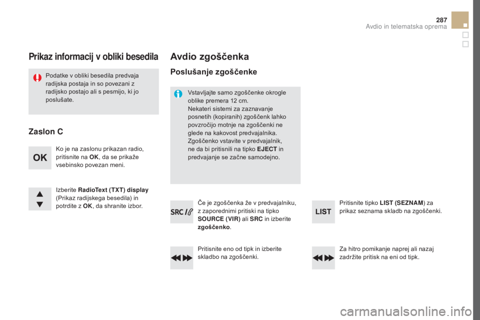 CITROEN DS5 HYBRID 2016  Navodila Za Uporabo (in Slovenian) 287
DS5_sl_Chap11d_RD5_ed02-2015
Prikaz informacij v obliki besedila
Podatke v obliki besedila predvaja 
radijska postaja in so povezani z 
radijsko postajo ali s pesmijo, ki jo 
poslušate.
avdio zgo