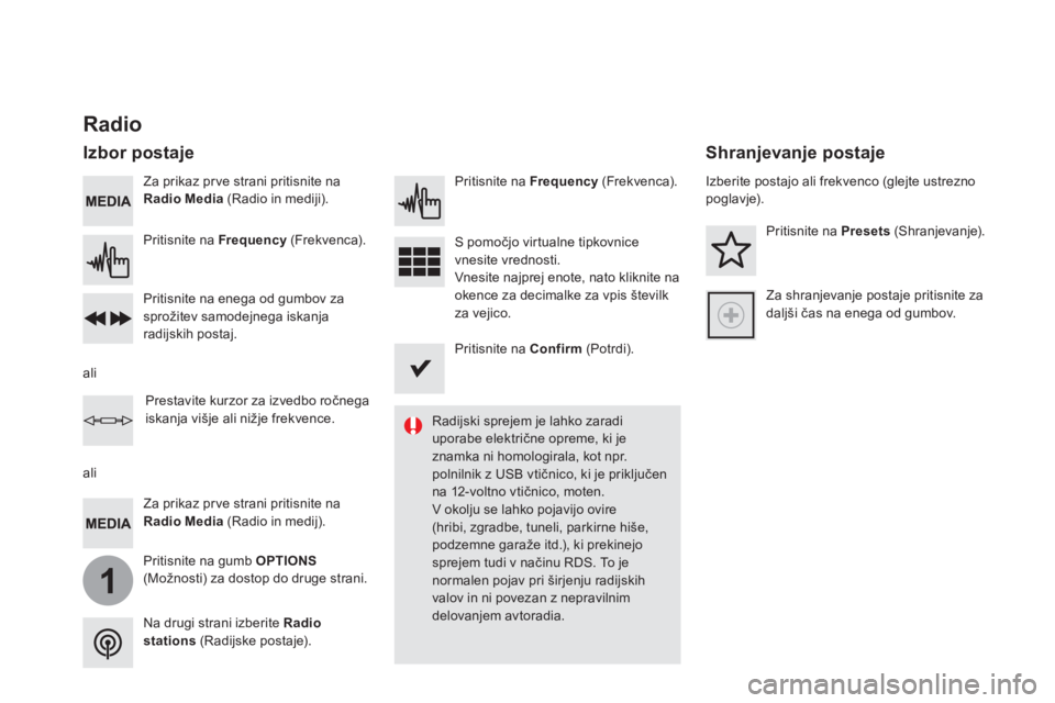 CITROEN DS5 HYBRID 2016  Navodila Za Uporabo (in Slovenian) 1
   
Za prikaz prve strani pritisnite na 
  Radio Media 
 (Radio in mediji).  
   
Pritisnite na gumb  OPTIONS 
 
(Možnosti) za dostop do druge strani.      
Pritisnite na  Frequency 
 (Frekvenca). 