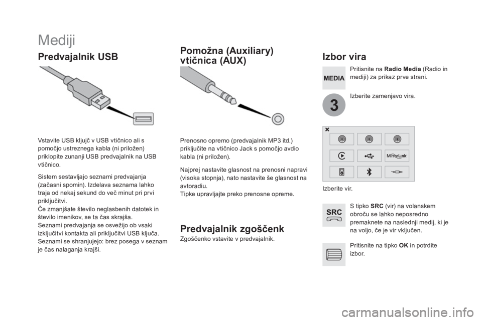 CITROEN DS5 HYBRID 2016  Navodila Za Uporabo (in Slovenian) 3
  Mediji 
 
 
 
 
 
 
 
 
 
 
Predvajalnik USB    
 
 
 
 
 
 
 
 
 
 
 
 
 
 
Izbor vira 
 
 
S tipko  SRC 
 (vir) na volanskem 
obroču se lahko neposredno 
premaknete na naslednji medij, ki je 
n