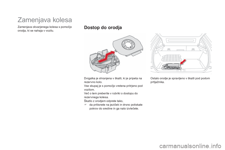 CITROEN DS5 HYBRID 2015 Navodila Za Uporabo (in Slovenian) DS5_sl_Chap08_info-pratiques_ed01-2015
Zamenjava kolesa
Dvigalka je shranjena v škatli, ki je pripeta na
rezervno kolo.
vs
e skupaj je s pomočjo vretena pritrjeno pod
vozilom.
ve
č o tem preberi CITROEN DS5 HYBRID 2015 Navodila Za Uporabo (in Slovenian) DS5_sl_Chap08_info-pratiques_ed01-2015
Zamenjava kolesa
Dvigalka je shranjena v škatli, ki je pripeta na
rezervno kolo.
vs
e skupaj je s pomočjo vretena pritrjeno pod
vozilom.
ve
č o tem preberi
