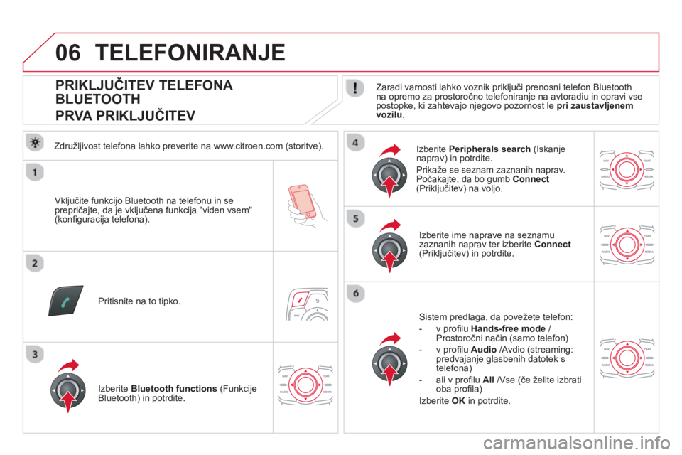 CITROEN DS5 HYBRID 2013  Navodila Za Uporabo (in Slovenian) 06
   
 
 
 
 
 
 
 
 
 
 
 
 
 
 
PRIKLJUČITEV TELEFONA 
BLUETOOTH  
PRVA PRIKLJUČITEV  
 
Zaradi varnosti lahko voznik priključi prenosni telefon Bluetooth 
na opremo za prostoročno telefoniranj