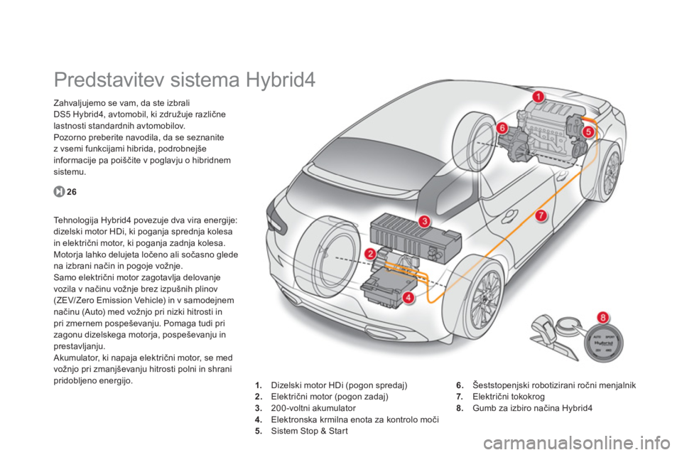 CITROEN DS5 HYBRID 2013  Navodila Za Uporabo (in Slovenian)    
 
 
 
 
 
 
 
Predstavitev sistema Hybrid4  
Zahvaljujemo se vam, da ste izbraliDS5 Hybrid4, avtomobil, ki združuje različne 
lastnosti standardnih avtomobilov.
Pozorno preberite navodila, da se