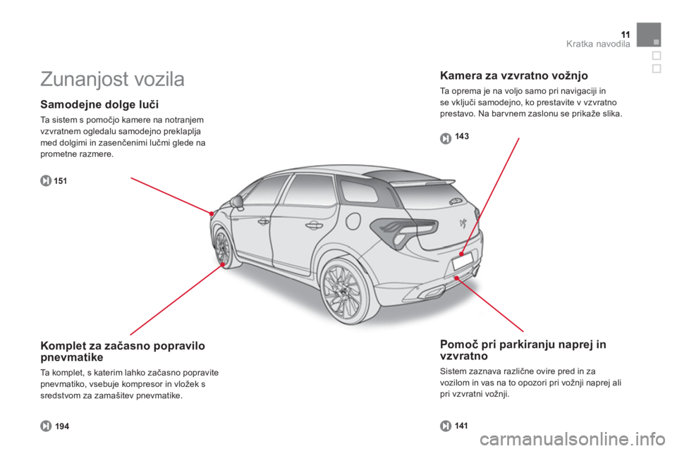 CITROEN DS5 HYBRID 2012  Navodila Za Uporabo (in Slovenian) Kratka navodila
   
Samodejne dolge luči
 
Ta sistem s pomočjo kamere na notranjem
vzvratnem ogledalu samodejno preklaplja med dolgimi in zasenčenimi lučmi glede naprometne razmere. 
15
1
   
Pomo