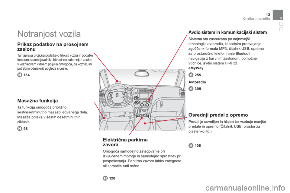 CITROEN DS5 HYBRID 2012  Navodila Za Uporabo (in Slovenian) 13Kratka navodila
  Notranjost vozila  
 
 
Prikaz podatkov na prosojnem 
zaslonu
Ta naprava projicira podatke o hitrosti vozila in podatke 
tempomata/omejevalnika hitrosti na zatemnjen zaslon 
v vozn