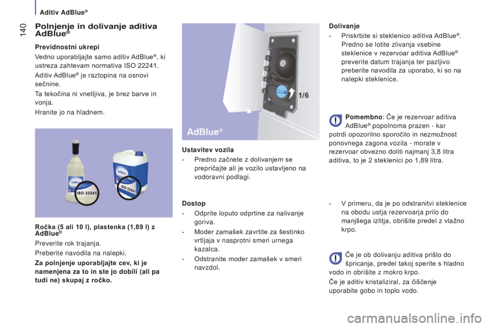 CITROEN JUMPER 2016 Navodila Za Uporabo (in Slovenian) 140
jumper_sl_Chap07_Verifications_ed01-2015
Polnjenje in dolivanje aditiva
AdBlue®
Previdnostni ukrepi
Vedno uporabljajte samo aditiv AdBlue®, ki
ustreza zahtevam normativa ISO 22241.
Aditiv AdB CITROEN JUMPER 2016 Navodila Za Uporabo (in Slovenian) 140
jumper_sl_Chap07_Verifications_ed01-2015
Polnjenje in dolivanje aditiva
AdBlue®
Previdnostni ukrepi
Vedno uporabljajte samo aditiv AdBlue®, ki
ustreza zahtevam normativa ISO 22241.
Aditiv AdB
