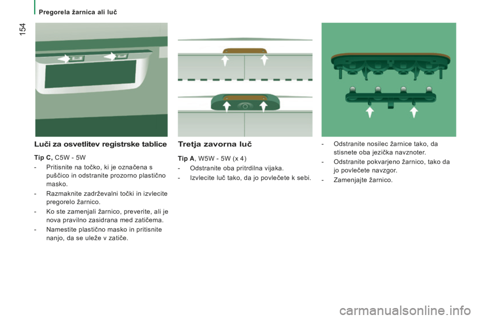 CITROEN JUMPER 2016 Navodila Za Uporabo (in Slovenian) 154
jumper_sl_Chap08_Aide-Rapide_ed01-2015
Tretja zavorna luč
Tip A, W5W - 5W (x 4)
-
Odstranite oba pritrdilna vijaka.
-
Izvlecite luč tako, da jo povlečete k sebi.
luči za osvetlitev regist CITROEN JUMPER 2016 Navodila Za Uporabo (in Slovenian) 154
jumper_sl_Chap08_Aide-Rapide_ed01-2015
Tretja zavorna luč
Tip A, W5W - 5W (x 4)
-
Odstranite oba pritrdilna vijaka.
-
Izvlecite luč tako, da jo povlečete k sebi.
luči za osvetlitev regist