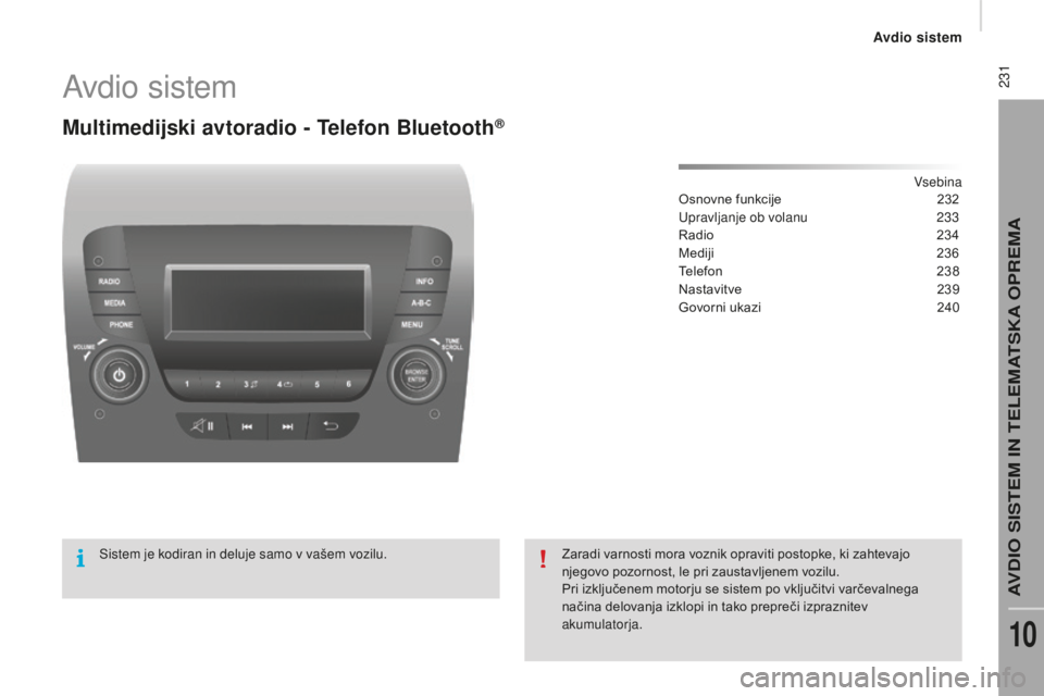 CITROEN JUMPER 2016 Navodila Za Uporabo (in Slovenian) 231
jumper_sl_Chap10b_Autoradio-Fiat-4_ed01-2015
Avdio sistem
Multimedijski avtoradio - Telefon Bluetooth®
Vsebina
Osnovne funkcije
2 32
Upravljanje ob volanu
2
33
Radio
2
34
Mediji
23
6
Te CITROEN JUMPER 2016 Navodila Za Uporabo (in Slovenian) 231
jumper_sl_Chap10b_Autoradio-Fiat-4_ed01-2015
Avdio sistem
Multimedijski avtoradio - Telefon Bluetooth®
Vsebina
Osnovne funkcije
2 32
Upravljanje ob volanu
2
33
Radio
2
34
Mediji
23
6
Te
