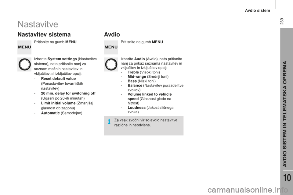 CITROEN JUMPER 2016 Navodila Za Uporabo (in Slovenian) 239
jumper_sl_Chap10b_Autoradio-Fiat-4_ed01-2015
Nastavitve
Nastavitev sistemaAvdio
Pritisnite na gumb MENU. Pritisnite na gumb MENU.
Izberite System settings (Nastavitve
sistema), nato pritisnite CITROEN JUMPER 2016 Navodila Za Uporabo (in Slovenian) 239
jumper_sl_Chap10b_Autoradio-Fiat-4_ed01-2015
Nastavitve
Nastavitev sistemaAvdio
Pritisnite na gumb MENU. Pritisnite na gumb MENU.
Izberite System settings (Nastavitve
sistema), nato pritisnite