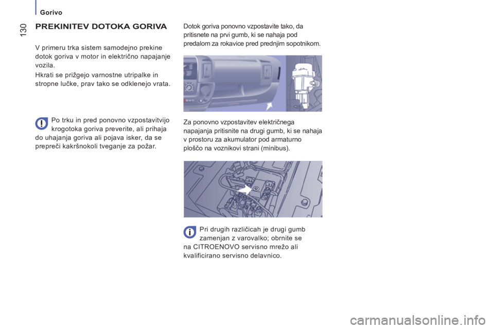 CITROEN JUMPER 2015 Navodila Za Uporabo (in Slovenian) Gorivo
130
JUMPER-PAPIER_SL_CHAP07_VERIFICATIONS_ED01-2014
PREKINITEV DOTOKA GORIVA
Po trku in pred ponovno vzpostavitvijo
krogotoka goriva preverite, ali prihaja
do uhajanja goriva ali p CITROEN JUMPER 2015 Navodila Za Uporabo (in Slovenian) Gorivo
130
JUMPER-PAPIER_SL_CHAP07_VERIFICATIONS_ED01-2014
PREKINITEV DOTOKA GORIVA
Po trku in pred ponovno vzpostavitvijo
krogotoka goriva preverite, ali prihaja
do uhajanja goriva ali p