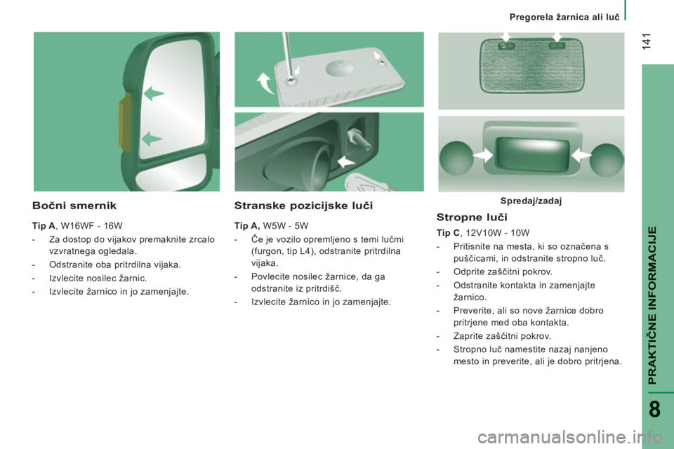 CITROEN JUMPER 2015 Navodila Za Uporabo (in Slovenian) Pregorela žarnica ali luč
141
PRAKTIČNE INFORMACIJE
8
JUMPER-PAPIER_SL_CHAP08_AIDE RAPIDE_ED01-2014
Stropne luči
Tip C , 12V10W - 10W
- Pritisnite na mesta, ki so označena s pu CITROEN JUMPER 2015 Navodila Za Uporabo (in Slovenian) Pregorela žarnica ali luč
141
PRAKTIČNE INFORMACIJE
8
JUMPER-PAPIER_SL_CHAP08_AIDE RAPIDE_ED01-2014
Stropne luči
Tip C , 12V10W - 10W
- Pritisnite na mesta, ki so označena s pu
