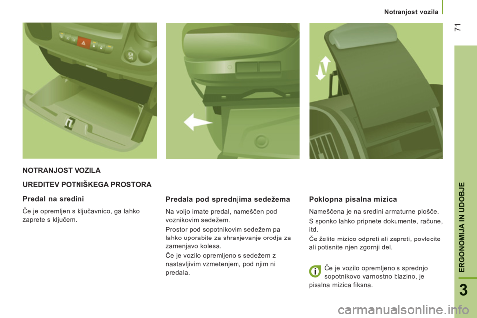 CITROEN JUMPER 2014 Navodila Za Uporabo (in Slovenian) 71
3
ERGONOMIJA IN UDOBJE
Notranjost vozila
UREDITEV POTNIŠKEGA PROSTORA
Predala pod spredn
jima sedežema
Na voljo imate predal, nameščen pod
voznikovim sedežem.
Prostor pod sopotniko CITROEN JUMPER 2014 Navodila Za Uporabo (in Slovenian) 71
3
ERGONOMIJA IN UDOBJE
Notranjost vozila
UREDITEV POTNIŠKEGA PROSTORA
Predala pod spredn
jima sedežema
Na voljo imate predal, nameščen pod
voznikovim sedežem.
Prostor pod sopotniko