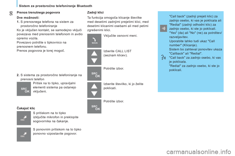 CITROEN JUMPER 2012  Navodila Za Uporabo (in Slovenian) 98
   
Sistem za prostoročno telefoniranje Bluetooth 
   
Prenos trenutnega pogovora 
   
Dve možnosti:  
   
1. 
  S prenosnega telefona na sistem za 
prostoročno telefoniranje 
  Ko je vključen 
