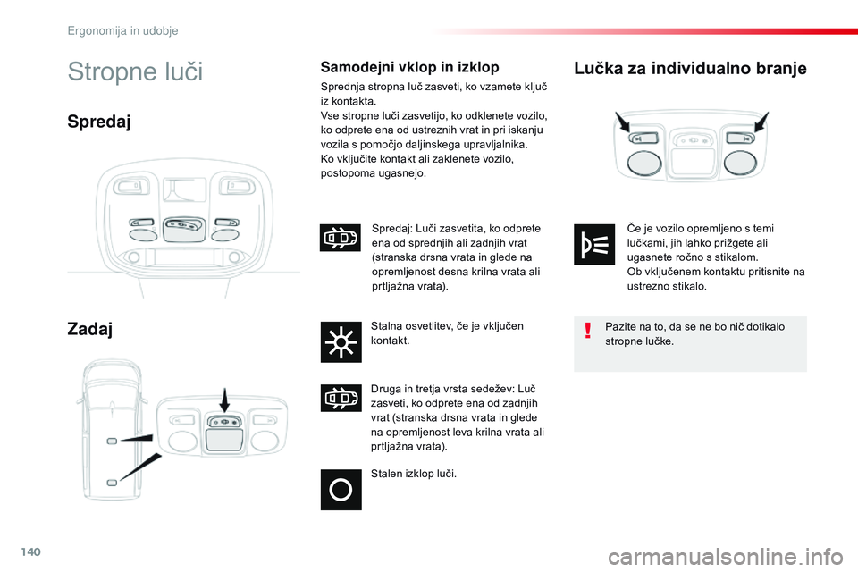 CITROEN JUMPER SPACETOURER 2017 Navodila Za Uporabo (in Slovenian) 140
Spacetourer-vP_sl_Chap03_ergonomie-et-confort_ed01-2016
Lučka za individualno branje
ZadajStropne lučiSamodejni vklop in izklop
Sprednja stropna luč zasveti, ko vzamete ključ
iz kontakta.
vs
CITROEN JUMPER SPACETOURER 2017 Navodila Za Uporabo (in Slovenian) 140
Spacetourer-vP_sl_Chap03_ergonomie-et-confort_ed01-2016
Lučka za individualno branje
ZadajStropne lučiSamodejni vklop in izklop
Sprednja stropna luč zasveti, ko vzamete ključ
iz kontakta.
vs