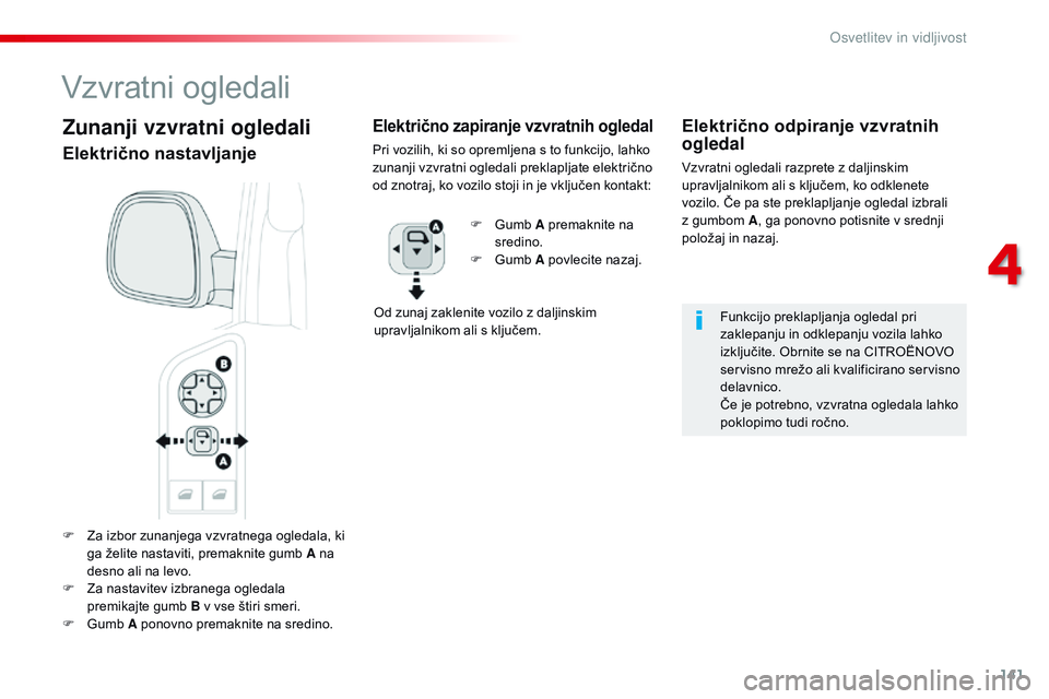 CITROEN JUMPER SPACETOURER 2017 Navodila Za Uporabo (in Slovenian) 141
Spacetourer-vP_sl_Chap04_eclairage-et-visibilite_ed01-2016
F Za izbor zunanjega vzvratnega ogledala, ki
ga želite nastaviti, premaknite gumb A na
desno ali na levo.
F
Z
a nastavitev izbraneg CITROEN JUMPER SPACETOURER 2017 Navodila Za Uporabo (in Slovenian) 141
Spacetourer-vP_sl_Chap04_eclairage-et-visibilite_ed01-2016
F Za izbor zunanjega vzvratnega ogledala, ki
ga želite nastaviti, premaknite gumb A na
desno ali na levo.
F
Z
a nastavitev izbraneg