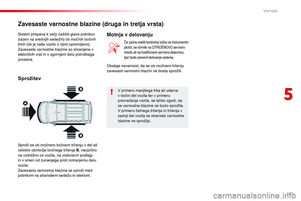 CITROEN JUMPER SPACETOURER 2017 Navodila Za Uporabo (in Slovenian) 171
Spacetourer-vP_sl_Chap05_securite_ed01-2016
Sistem prispeva k večji zaščiti glave potnikov
(razen na srednjih sedežih) ob močnih bočnih
trkih (če je vaše vozilo z njimi opremljeno).
Zave CITROEN JUMPER SPACETOURER 2017 Navodila Za Uporabo (in Slovenian) 171
Spacetourer-vP_sl_Chap05_securite_ed01-2016
Sistem prispeva k večji zaščiti glave potnikov
(razen na srednjih sedežih) ob močnih bočnih
trkih (če je vaše vozilo z njimi opremljeno).
Zave