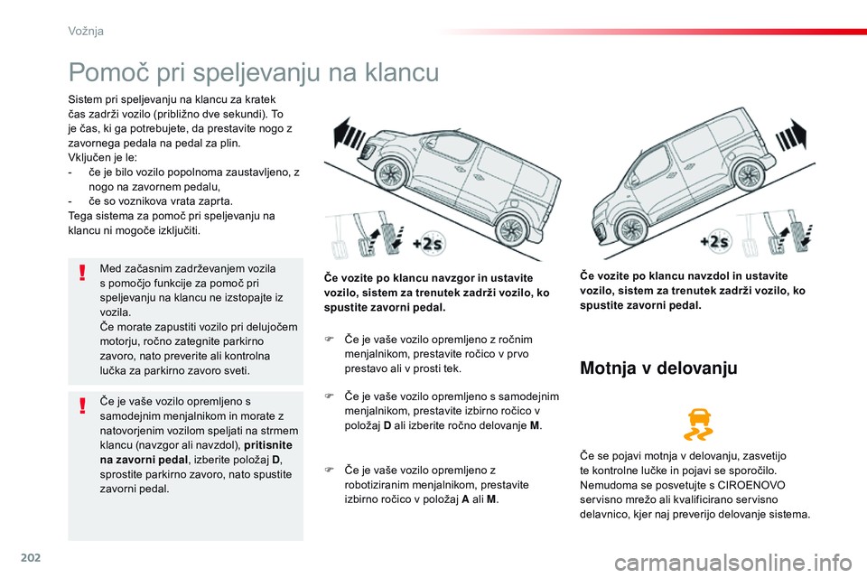 CITROEN JUMPER SPACETOURER 2017  Navodila Za Uporabo (in Slovenian) 202
Spacetourer-vP_sl_Chap06_conduite_ed01-2016
Pomoč pri speljevanju na klancu
Sistem pri speljevanju na klancu za kratek 
čas zadrži vozilo (približno dve sekundi). To 
je čas, ki ga potrebujet