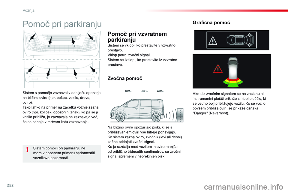 CITROEN JUMPER SPACETOURER 2017 Navodila Za Uporabo (in Slovenian) 252
Spacetourer-vP_sl_Chap06_conduite_ed01-2016
Sistem s pomočjo zaznaval v odbijaču opozarja
na bližino ovire (npr. pešec, vozilo, drevo,
oviro).
Tako lahko na primer na začetku vožnje zazna CITROEN JUMPER SPACETOURER 2017 Navodila Za Uporabo (in Slovenian) 252
Spacetourer-vP_sl_Chap06_conduite_ed01-2016
Sistem s pomočjo zaznaval v odbijaču opozarja
na bližino ovire (npr. pešec, vozilo, drevo,
oviro).
Tako lahko na primer na začetku vožnje zazna
