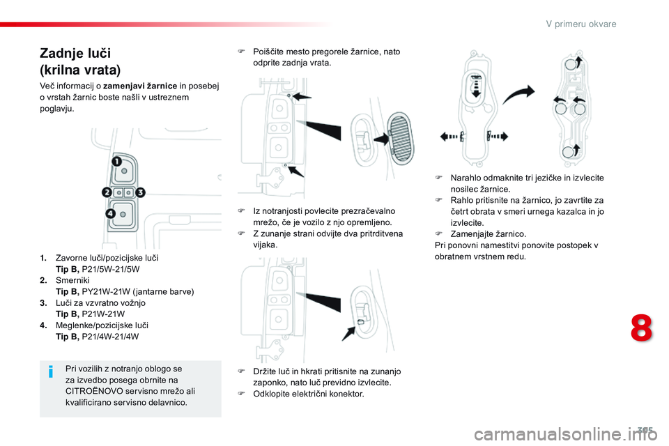 CITROEN JUMPER SPACETOURER 2017  Navodila Za Uporabo (in Slovenian) 305
Spacetourer-vP_sl_Chap08_En-cas-de-panne_ed01-2016
Zadnje luči
(krilna vrata)
več informacij o zamenjavi žarnice in posebej 
o vrstah žarnic boste našli v ustreznem 
poglavju.
F
 
D
 ržite l