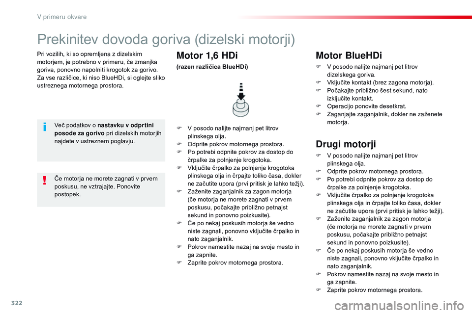 CITROEN JUMPER SPACETOURER 2017  Navodila Za Uporabo (in Slovenian) 322
Spacetourer-vP_sl_Chap08_En-cas-de-panne_ed01-2016
Pri vozilih, ki so opremljena z dizelskim 
motorjem, je potrebno v primeru, če zmanjka 
goriva, ponovno napolniti krogotok za gorivo.
Za vse raz