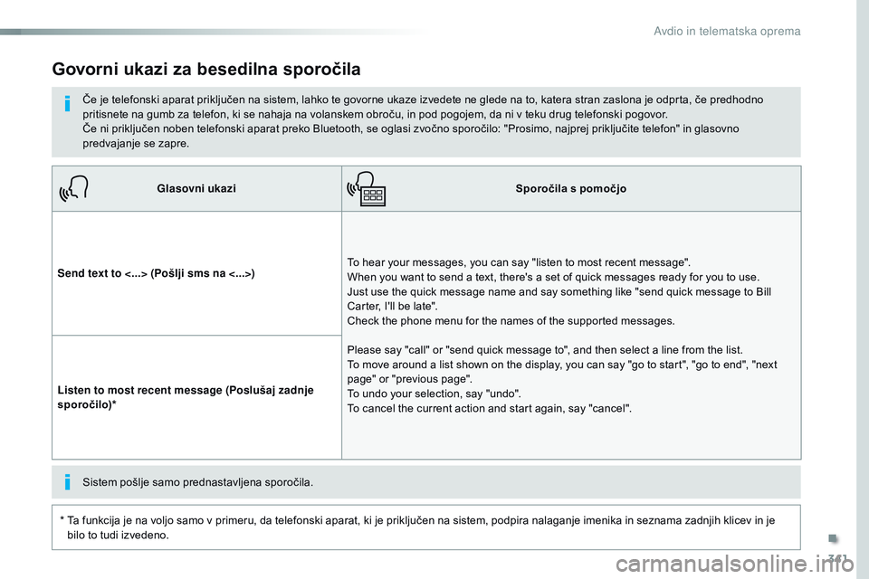 CITROEN JUMPER SPACETOURER 2017  Navodila Za Uporabo (in Slovenian) 341
Spacetourer-vP_sl_Chap10b_NAC-1_ed01-2016
Glasovni ukazi Sporočila s pomočjo
Send text to <...>  (Pošlji sms na <...>) To hear your messages, you can say "listen to most recent message"