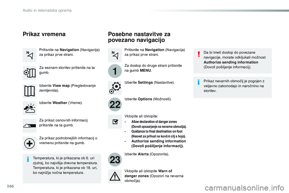 CITROEN JUMPER SPACETOURER 2017  Navodila Za Uporabo (in Slovenian) 366
22
23
1
Spacetourer-vP_sl_Chap10b_NAC-1_ed01-2016
Posebne nastavitve za 
povezano navigacijo
Da bi imeli dostop do povezane 
navigacije, morate odkljukati možnost 
Authorize sending information  