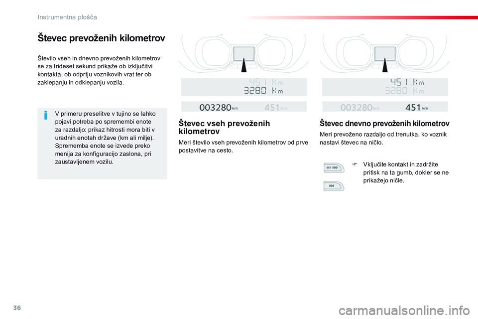 CITROEN JUMPER SPACETOURER 2017 Navodila Za Uporabo (in Slovenian) 36
Števec prevoženih kilometrov
Število vseh in dnevno prevoženih kilometrov
se za trideset sekund prikaže ob izključitvi
kontakta, ob odprtju voznikovih vrat ter ob
zaklepanju in odklepanju CITROEN JUMPER SPACETOURER 2017 Navodila Za Uporabo (in Slovenian) 36
Števec prevoženih kilometrov
Število vseh in dnevno prevoženih kilometrov
se za trideset sekund prikaže ob izključitvi
kontakta, ob odprtju voznikovih vrat ter ob
zaklepanju in odklepanju