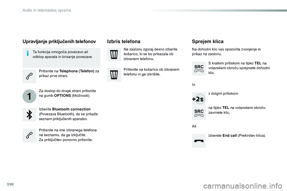 CITROEN JUMPER SPACETOURER 2017  Navodila Za Uporabo (in Slovenian) 398
1
Spacetourer-vP_sl_Chap10b_NAC-1_ed01-2016
Sprejem klica
Na dohodni klic vas opozorita zvonjenje in 
prikaz na zaslonu.
S kratkim pritiskom na tipko TEL  na 
volanskem obroču sprejmete dohodni 
